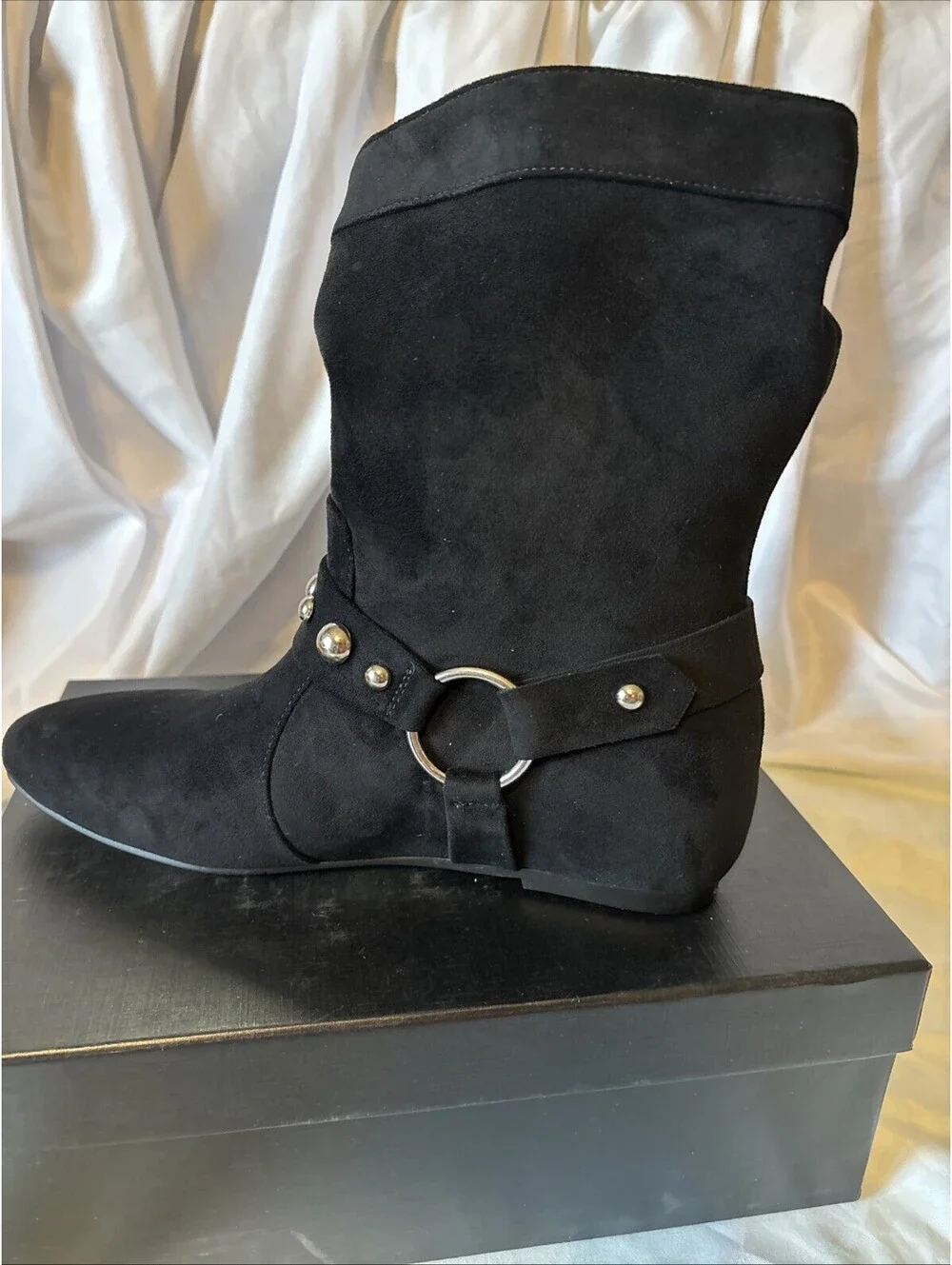 Comjuy Black Suede Ankle Boots With Studded Strap